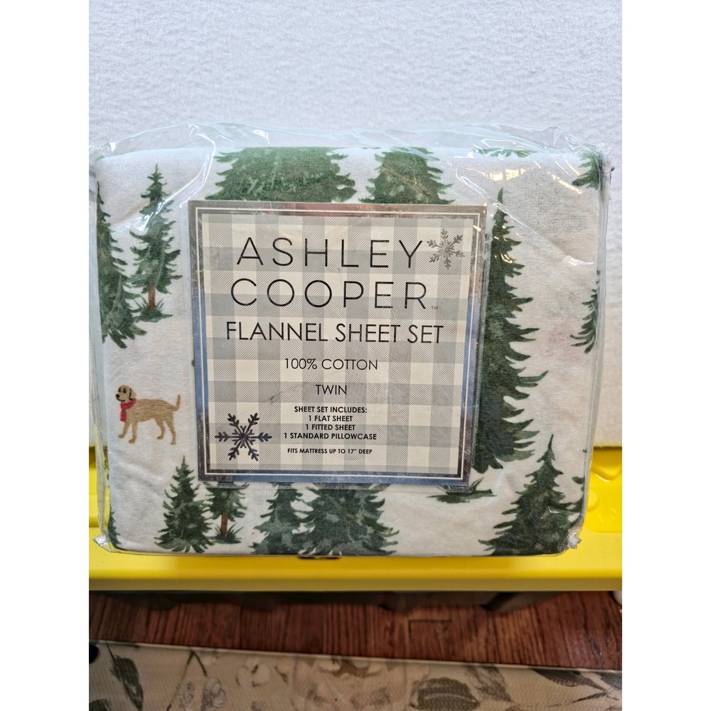 Ashley Cooper Twin Flannel Sheet Set 100% Cotton Christmas Red Truck Dog Pine